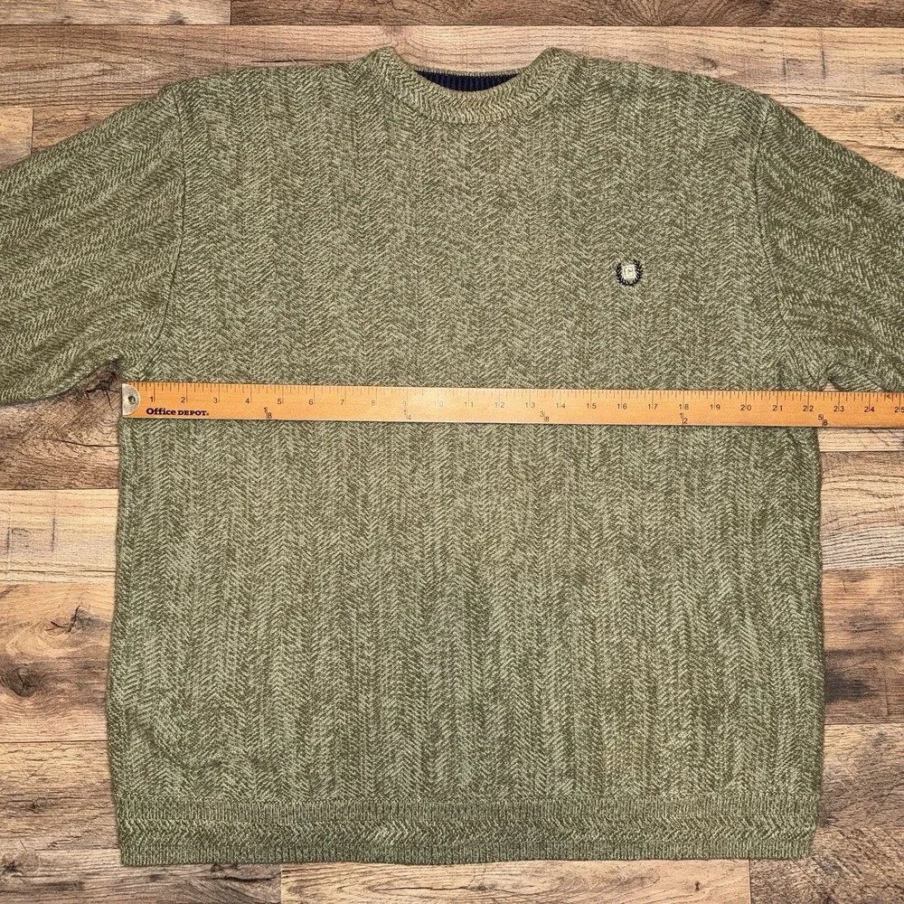 Chaps Mens XL Olive Green Herringbone Knit Cotton Crewneck Sweater Logo